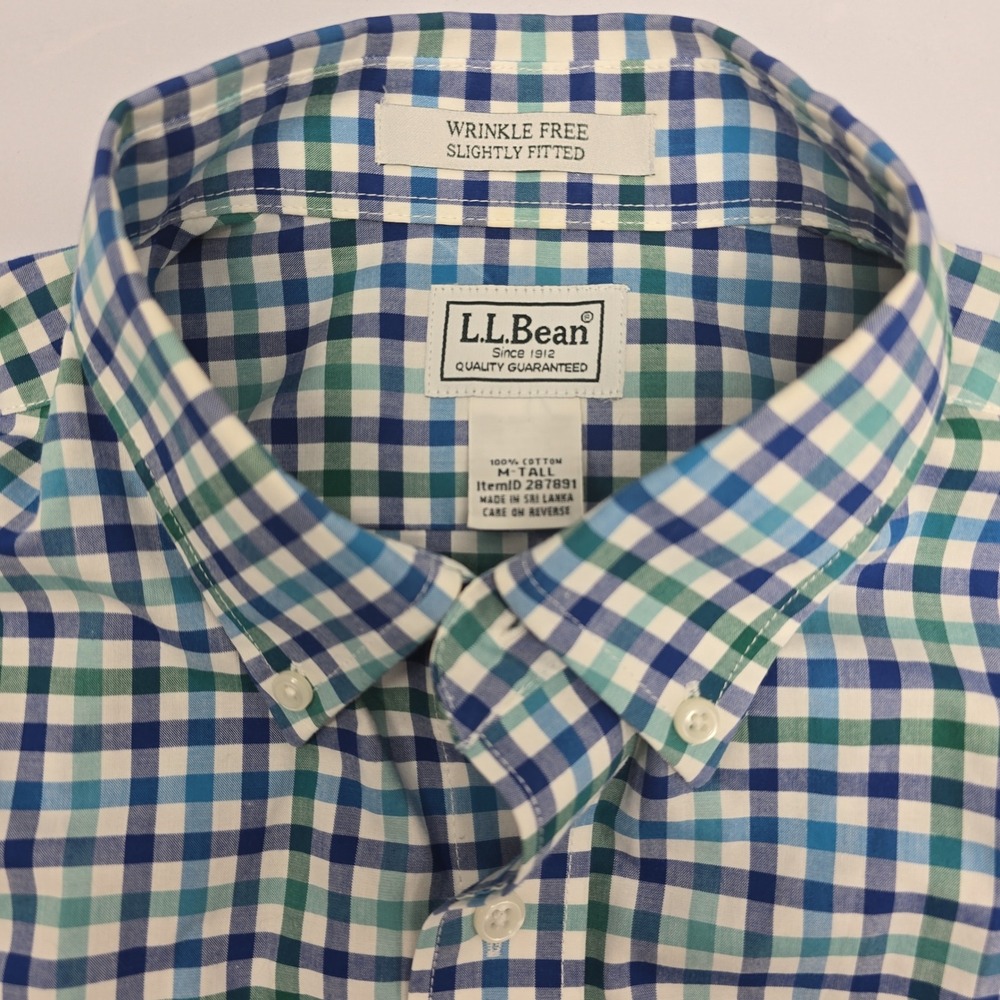 LL Bean Mens Medium Tall Blue Green Gingham Wrinkle Free Button Down Shirt - Picture 3 of 6